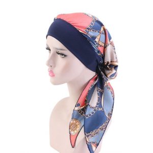 Foulard Agathe Cheveux Femme Moderne Chimio Bleu Marine Rose À Motifs