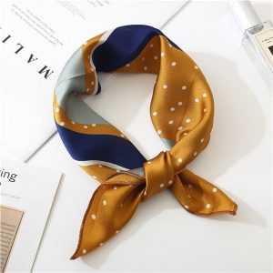Foulard Femme Carré Doré Bleu Marine À Pois